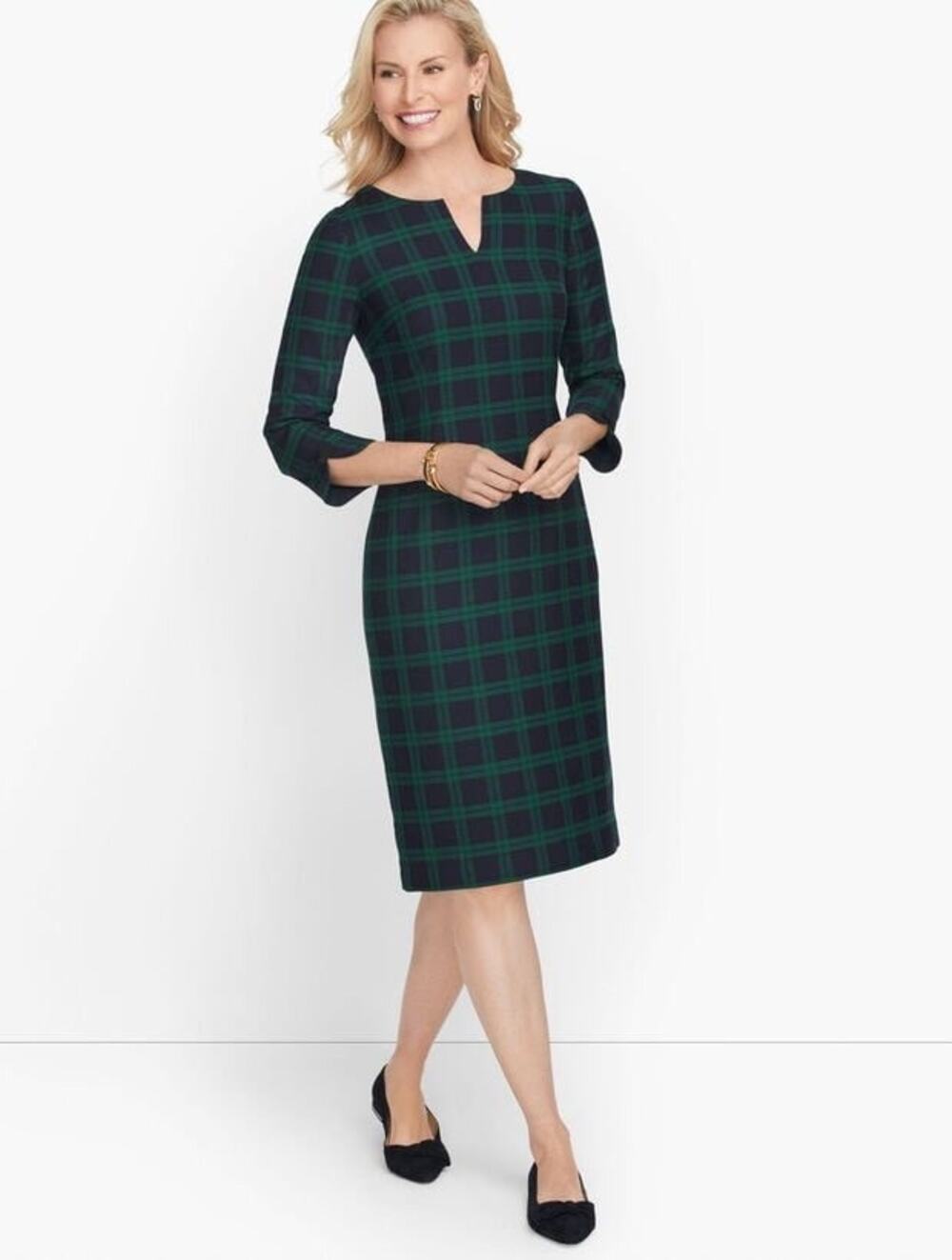 NWT Talbots Black Watch Plaid Shift Dress 18WP Wool Blend Bow Sleeve $169